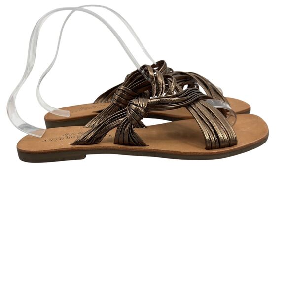 Anthropologie Womens 9 Sandals Bronze Leather Mystic Metallic Strappy Flat - Picture 1 of 11